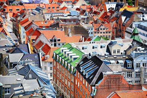 Red tile roofs on old buildings of Copenhagen, Denmark