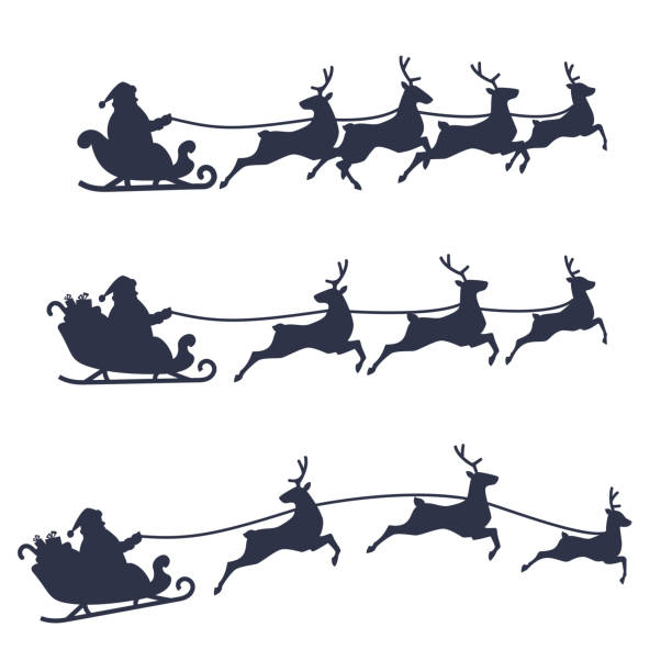 weihnachtsmann schlitten und rentiere gesetzt, schwarz-weiß vektor-illustration. - sleigh stock-grafiken, -clipart, -cartoons und -symbole