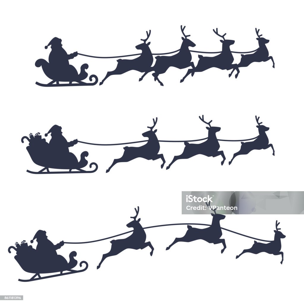 Santa Claus Sleigh and Reindeer set, black and white vector illustration. Santa Claus stock vector