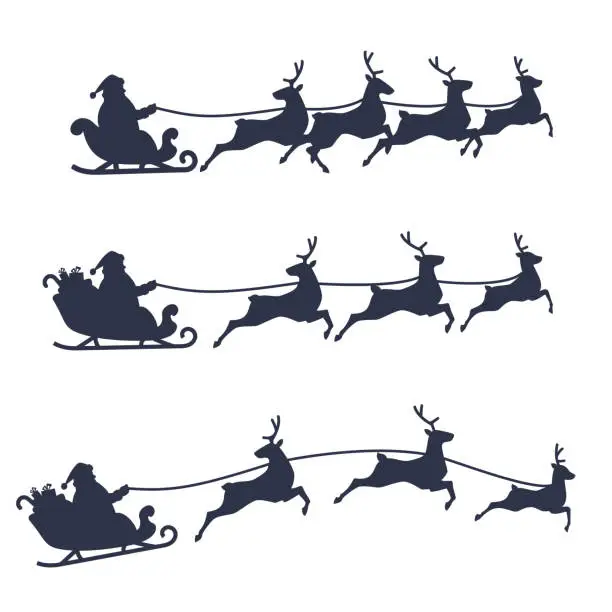 Vector illustration of Santa Claus Sleigh and Reindeer set, black and white vector illustration.