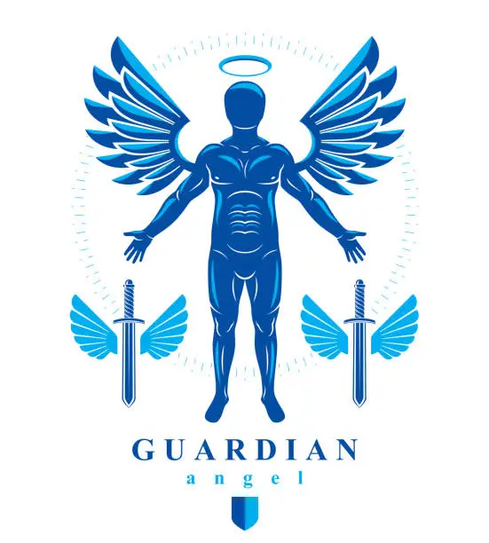 Vector illustration of Vector illustration of human, athlete made using angel wings and nimbus. Holy Spirit, cherub metaphor.