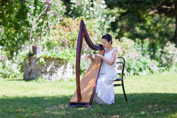 Female musician harpist playing harp during symphonic concert, with other musicians in the background, close up hands of the woman playing arf.