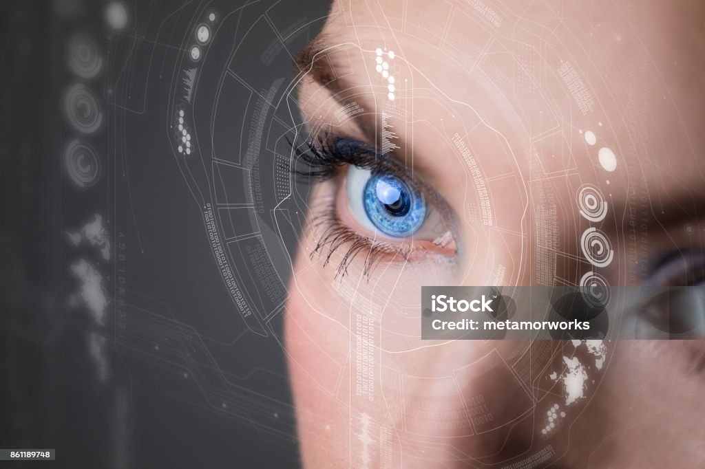 Iris recognition concept Smart contact lens. Mixed media. Eye Stock Photo