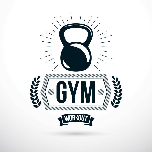 logo für schwergewichts-fitness-studio oder fitness sport gymnasium, vektor-illustration von kettle bell. fitness-studio-schriftzug. - crossfit kettle bell equipment weights stock-grafiken, -clipart, -cartoons und -symbole