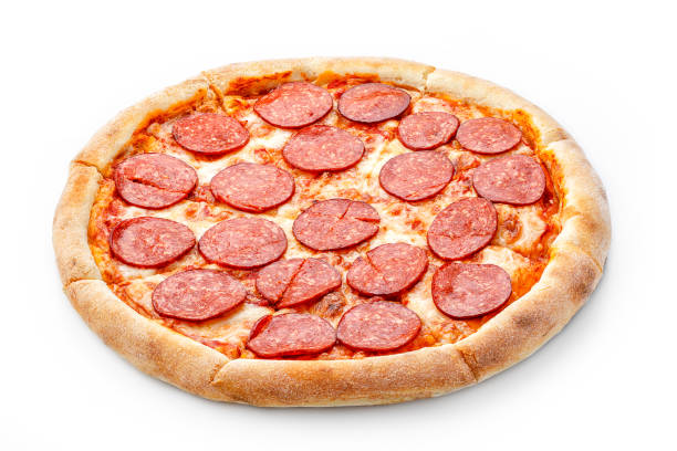 Delicious fresh italian classic original pepperoni pizza isolated on white background stock photo
