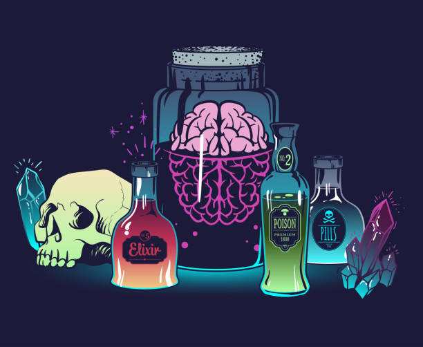 Witchcrafting set of bottles Witchcrafting set of bottles with poison, crystal, skull an jar with brain. Halloween card\poster. Vector illustration engraving style. brain jar stock illustrations