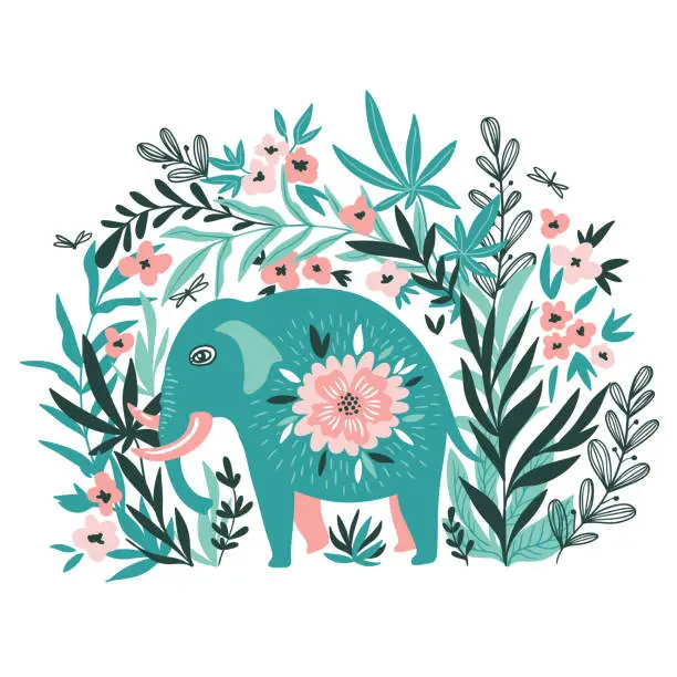 Vector illustration of Vector tropical print for t-shirt with elephant in the jungle. Trendy animal design in boho style.