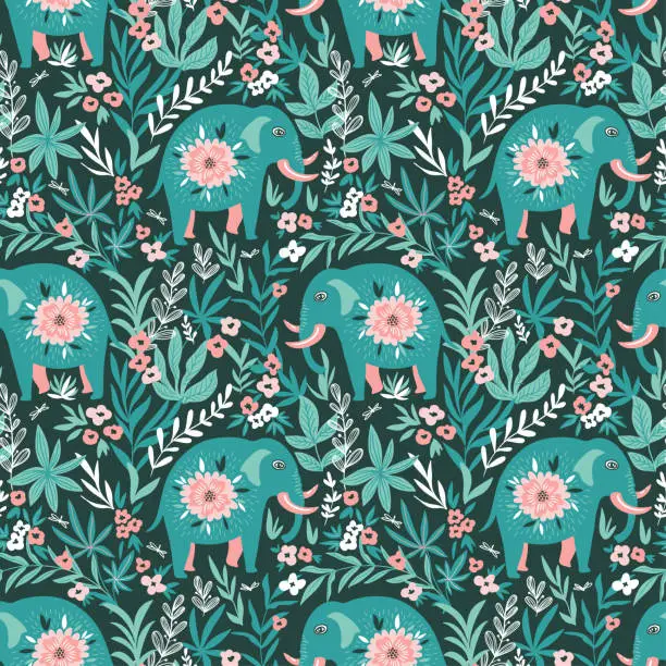 Vector illustration of Vector seamless pattern with elephants in the jungle. Tropical background for fabric or wallpaper boho design.