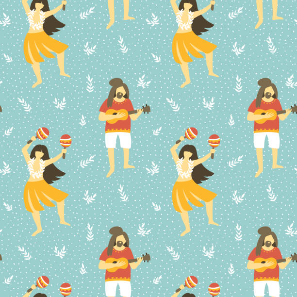 원활한 벡터 하와이 패턴입니다. 여자와 남자 우쿨렐레를 연주 춤을 여름 배경. 밝은 민족 디자인. - garland hawaii islands hawaiian culture party stock illustrations