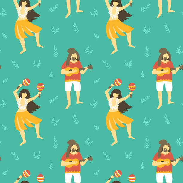 원활한 벡터 하와이 패턴입니다. 여자와 남자 우쿨렐레를 연주 춤을 여름 배경. 밝은 민족 디자인. - garland hawaii islands hawaiian culture party stock illustrations