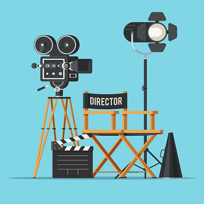 Movie camera with film reels, director chair, searchlight, megaphone and clapperboard. Vintage cinema concept. Vector illustration in trendy flat style design isolated on white background