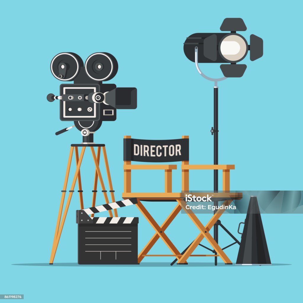 Vintage cinema concept Movie camera with film reels, director chair, searchlight, megaphone and clapperboard. Vintage cinema concept. Vector illustration in trendy flat style design isolated on white background Director stock vector