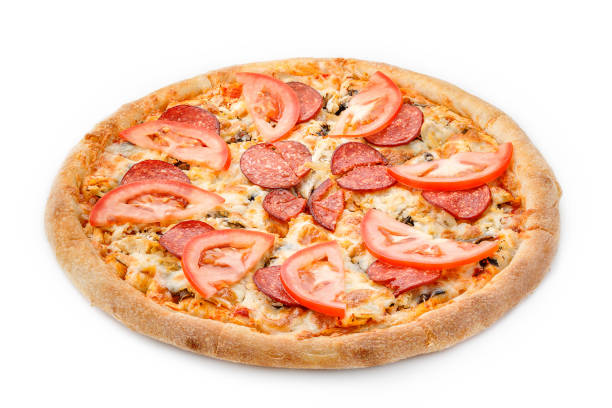 istock Delicious fresh pizza on a lush dough on a white background. Fresh italian pizza classic original with slices of tomatoes and sausage. side view 861201854