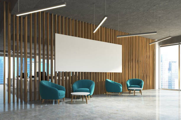 istock Waiting area in office blue armchairs, poster side 861201892