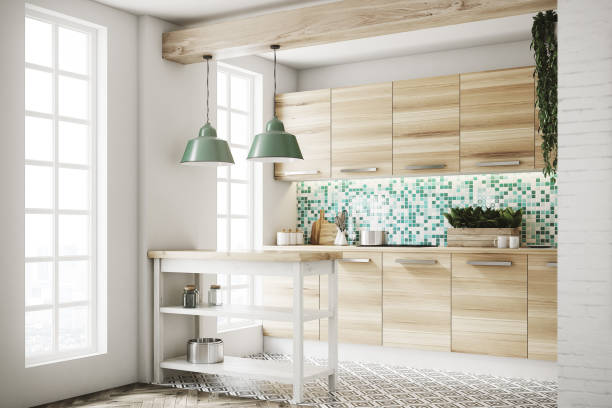 istock Green kitchen, wooden consoles, side 861202098