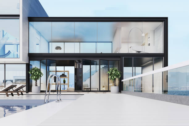 istock Luxury mansion with a pool on the roof, white 861202376