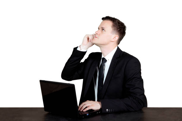 istock Caucasian businessman with laptop and thinking 861205146