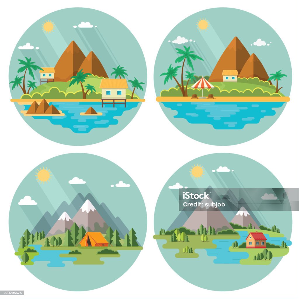 Set of beautiful tropical and mountain scenery of nature for relaxation. Vector flat illustration for a tour operator. Adventure stock vector