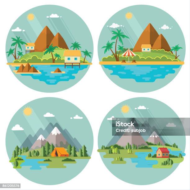 Set Of Beautiful Tropical And Mountain Scenery Of Nature For Relaxation Vector Flat Illustration For A Tour Operator Stock Illustration - Download Image Now