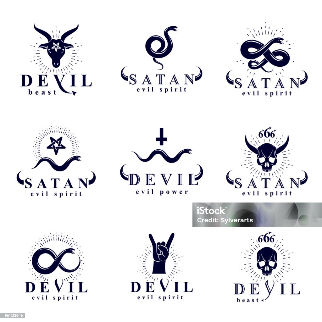 Set of vector demonic infernal mystic logotypes created using poisonous snakes, horned wicked dead head symbols, pagan pentacles and goats with 666 numbers as illustration of Lucifer. Devil stock vector