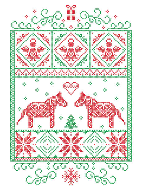 bildbanksillustrationer, clip art samt tecknat material och ikoner med elegant jul scandinavian, nordisk stil vinter cross stitch mönster inklusive snöflinga, hjärtat, dalahäst, julgran, gåva, änglar, snö i röd, grön, vit i dekorativa rektangel ram - winter wonderland