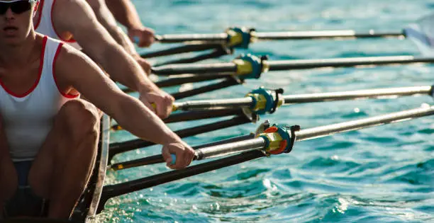 Four male rowers rowing across lake in late afternoon.