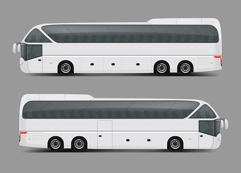 Blank white private charter, tour or coach bus right and left side view realistic vector template. Modern commercial passenger travel or tourist transport ready for brand, corporate ad mockup design