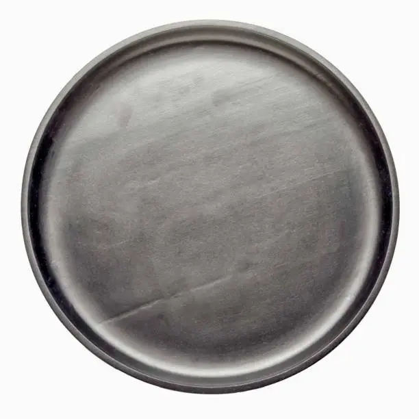 Photo of empty black wooden circle tray isolated on white background, top view.