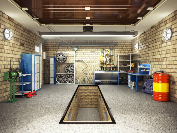 istock Front View of a ampty Garage 3D Interior with Opened Roller Door 3D Rendering 861223682