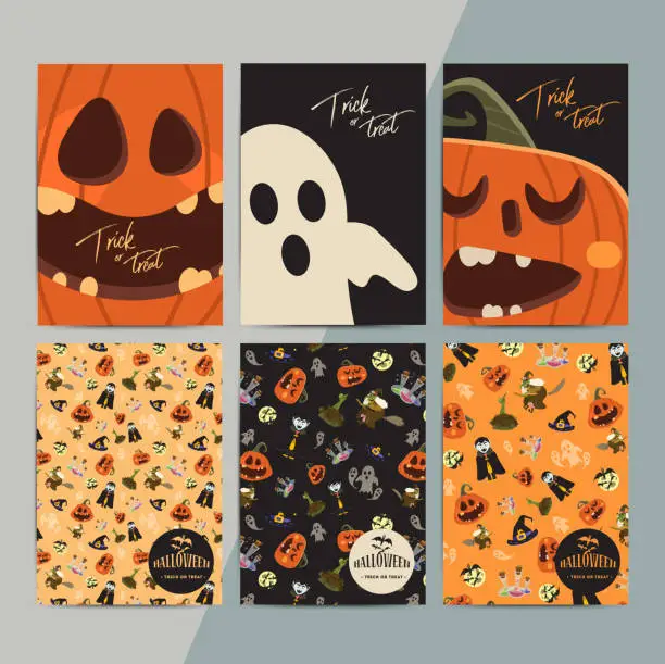 Vector illustration of Halloween party cartoon greeting cards. All hallow eve invitatio