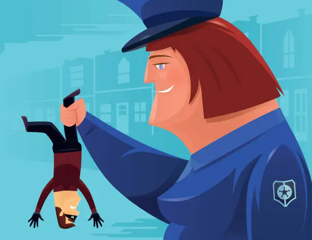 Vector illustration of policewoman catching thief