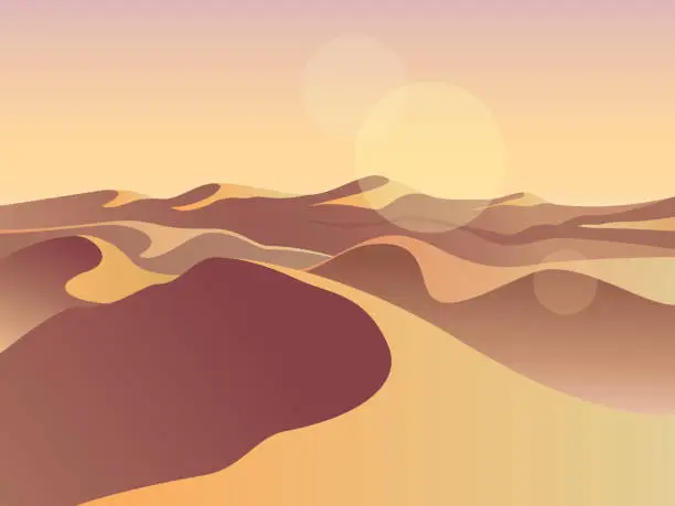 Vector illustration of Gold desert in sunset. Sand dunes. Landscape design vector illustration. Middle East desert mountains sandstone background. Sand in nature