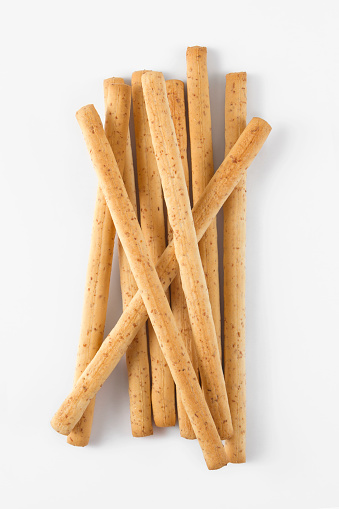 Stick bread crackers on white background.