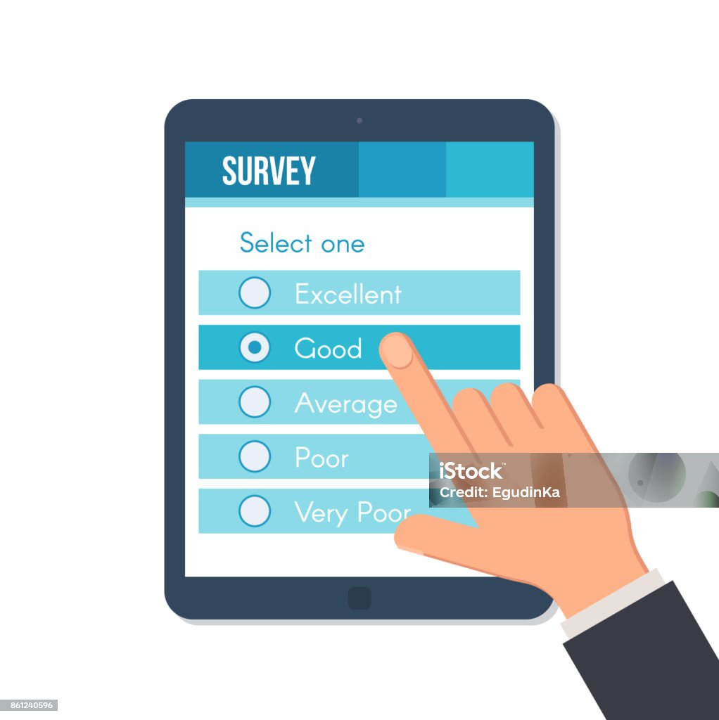 Online survey form Online survey form on the tablet screen with the index finger. Customer service feedback concept. Vector illustration in flat style isolated on white background Internet stock vector