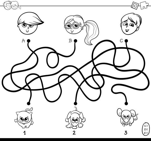 pfade-labyrinth mit kindern und haustieren malbuch - fun mouse animal looking stock-grafiken, -clipart, -cartoons und -symbole