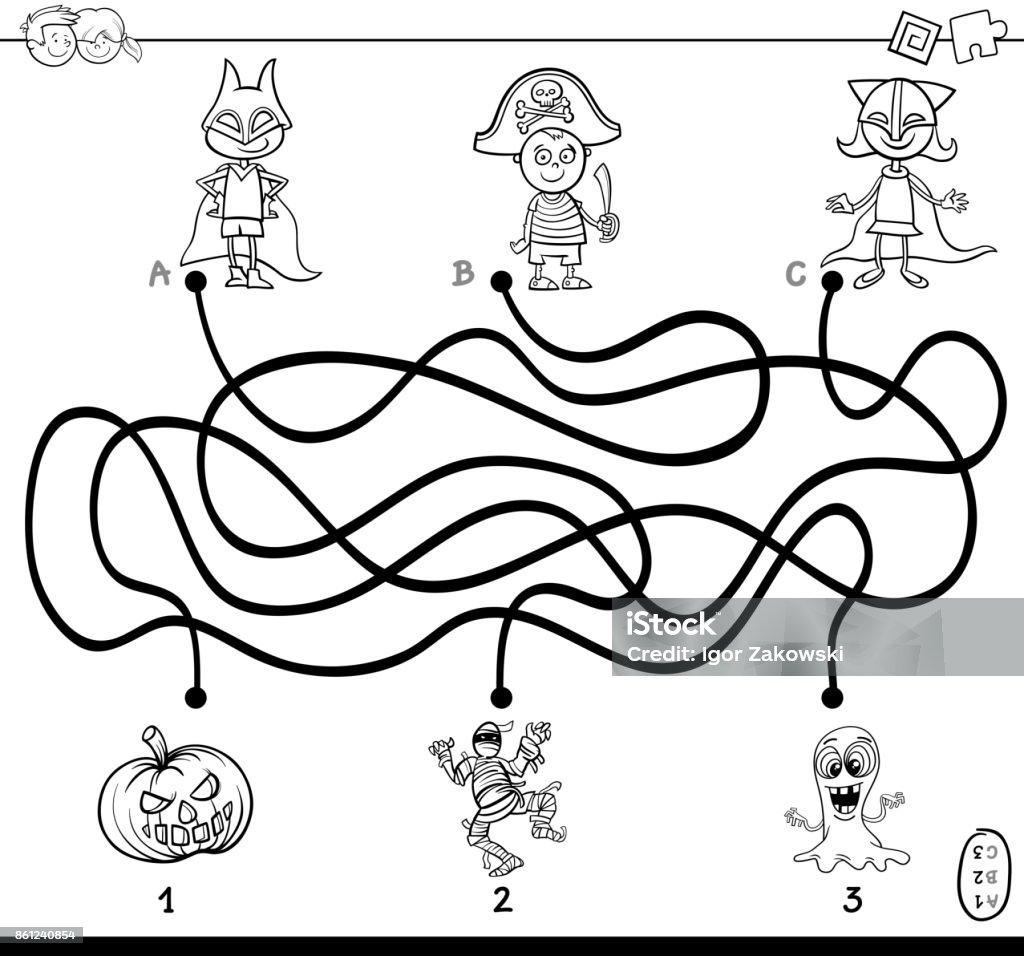 paths maze with kids coloring book Black and White Cartoon Illustration of Paths or Maze Puzzle Activity Game with Children and Halloween Characters Coloring Book Black And White stock vector