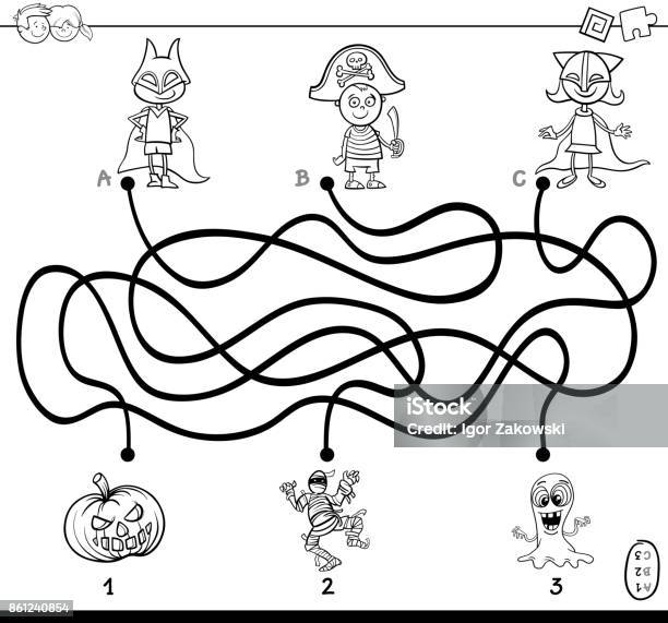 Paths Maze With Kids Coloring Book Stock Illustration - Download Image Now - Black And White, Book, Boys