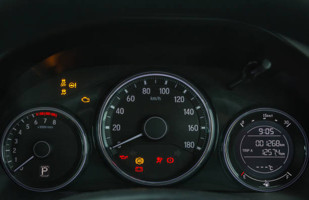 istock Car digital speedometer dashboard display warning lamps illuminated show all signs 861247414