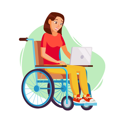 Disabled Woman Working Vector. Socialization Concept. Wheelchair With Person. Isolated Flat Cartoon Character Illustration