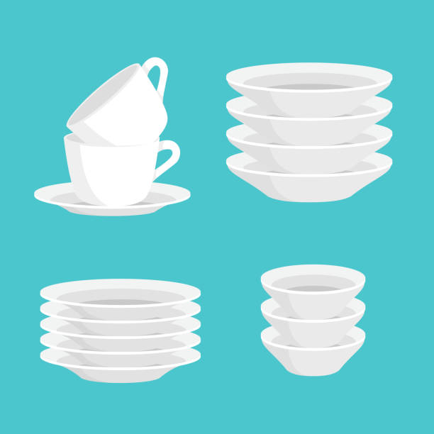 ilustraciones, imágenes clip art, dibujos animados e iconos de stock de tazas de té limpiamos cocina hogar cubiertos y plato blanco de cerámica apilan conjunto de ilustración vectorial - bowl kitchenware department nested green