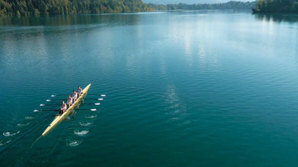 cuatro atletas masculinos remar en el lago sol - rowing fotografías e imágenes de stock