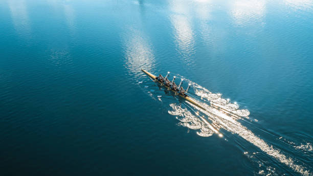 cuatro atletas masculinos remar en el lago sol - remo de competición fotografías e imágenes de stock