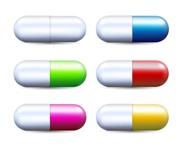 다채로운 현실적인 캡슐 알 약 흰색 배경에 고립 벡터 일러스트 레이 션 설정 - vibrant color healthcare and medicine healthy lifestyle vitamin pill stock illustrations
