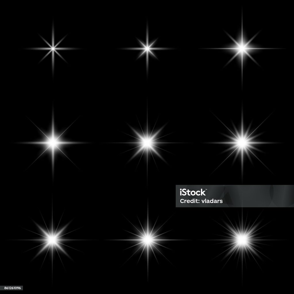 Set of glare lighting, twinkle lens flares and stars burst with sparkles Set of glare lighting, twinkle lens flares and stars burst with sparkles on black background vector illustration Camera Flash stock vector