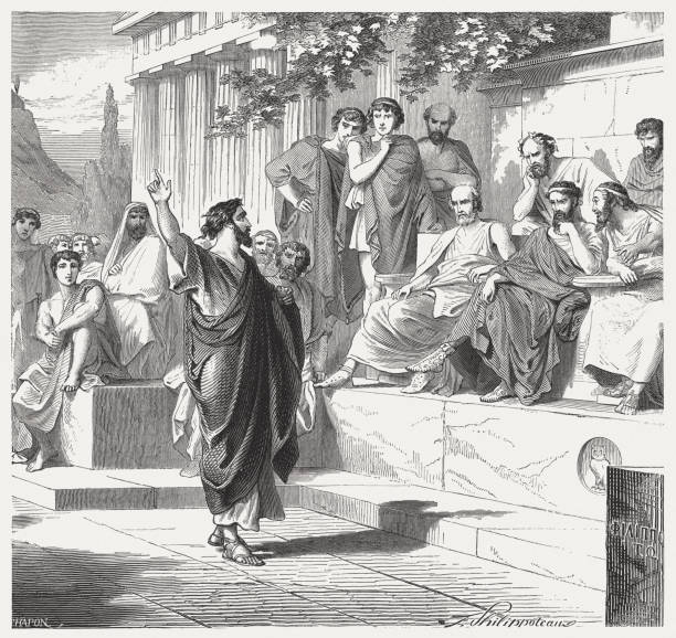Paul preaches in Athens (Acts 17), wood engraving, published 1886 Paul preaches in Athens (Acts 17). Wood engraving, published in 1886. ancient roman civilization stock illustrations