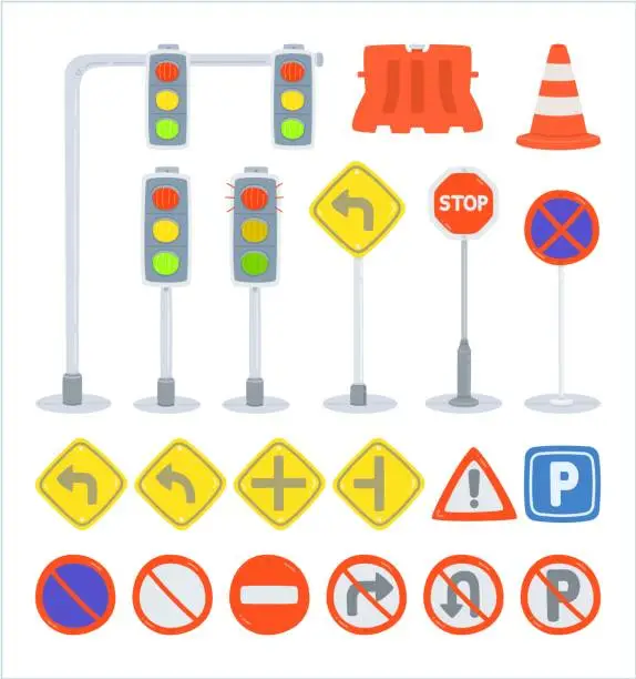 Vector illustration of Set of traffic sign equipment, traffic light, plastic barriers, traffic cones, traffic sign, road sign, objects with white background, cute vector cartooning style, colorful illustration, flat vector