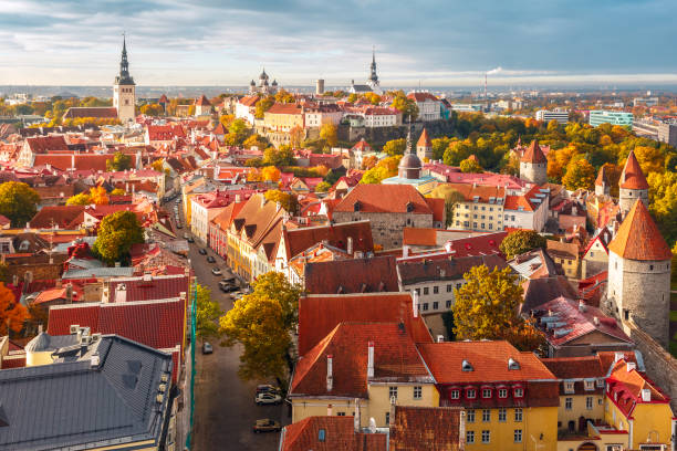 Aerial panorama of Old town, Tallinn, Estonia Aerial panorama of Old town with Town hall and Toompea hill, view from the tower of St. Olaf church, Tallinn, Estonia estonia stock pictures, royalty-free photos & images