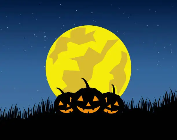 Vector illustration of Halloween pumpkins and background the full moon.