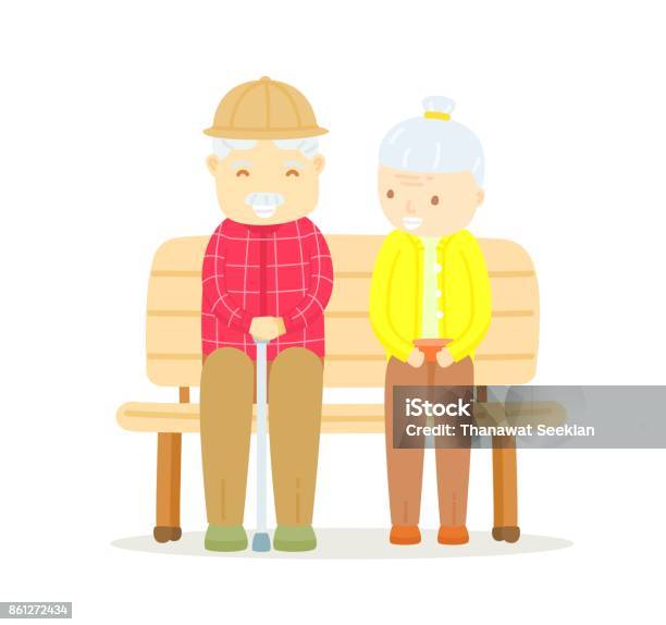 Older Couple Sitting On Bench Happy Old Man Sitting With Old Lady On Bench Outdoor Old Man Talking To Old Lady And Smiling The Love Of Older Couple Long Love Of Men Womencouple Are Love To Long Stock Illustration - Download Image Now