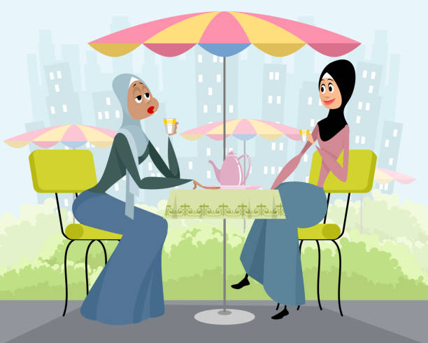 Arab women in cafe Vector illustration of arab women in cafe background of arabian scarf stock illustrations